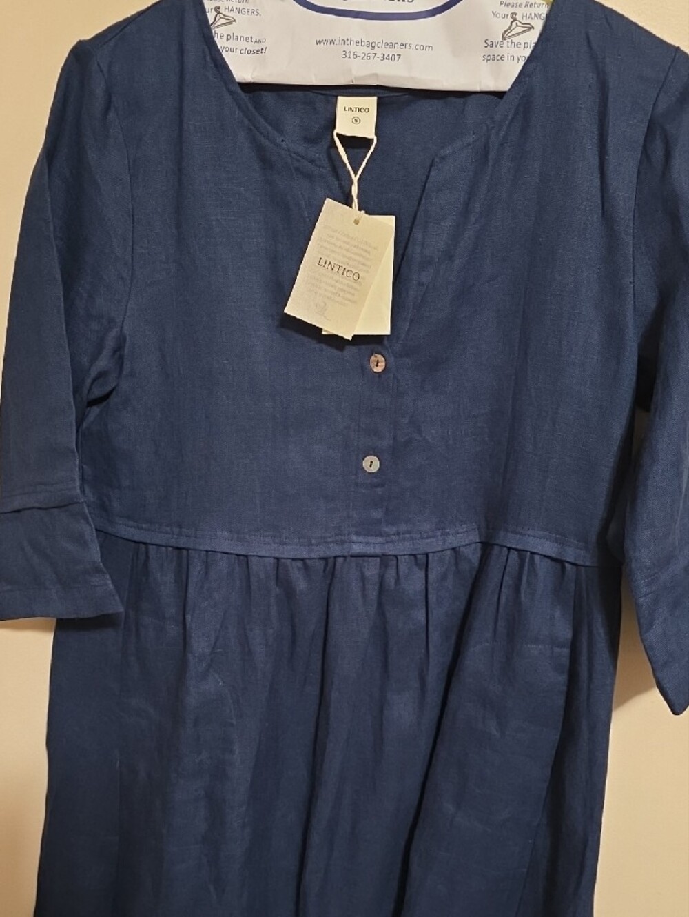 Relaxed Navy Linen Midi Dress with Button Front - Picture 2 of 9